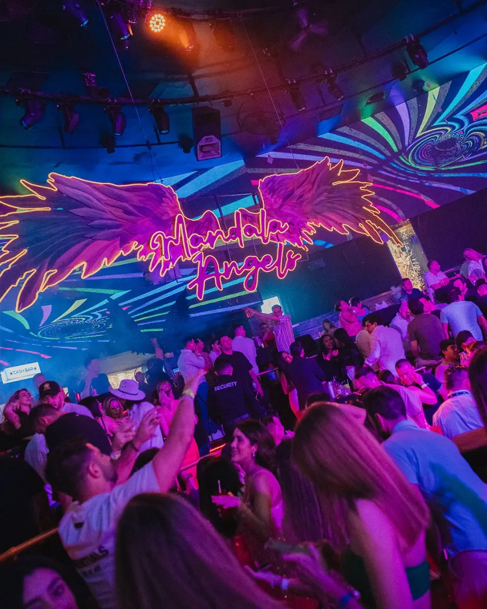 A packed nightclub dance floor under neon lights in Cabo San Lucas.
